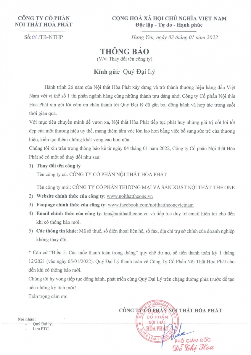 THÔNG BÁO thay đổi tên thương hiệu NỘI THẤT HÒA PHÁT thành NỘI THẤT TH
